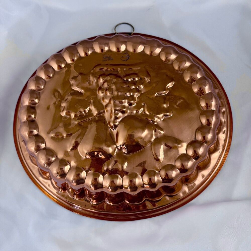 Large Oval Mold Copper Tin Lined Jelly Pudding Mold Fruit Design 13.5" x 12"